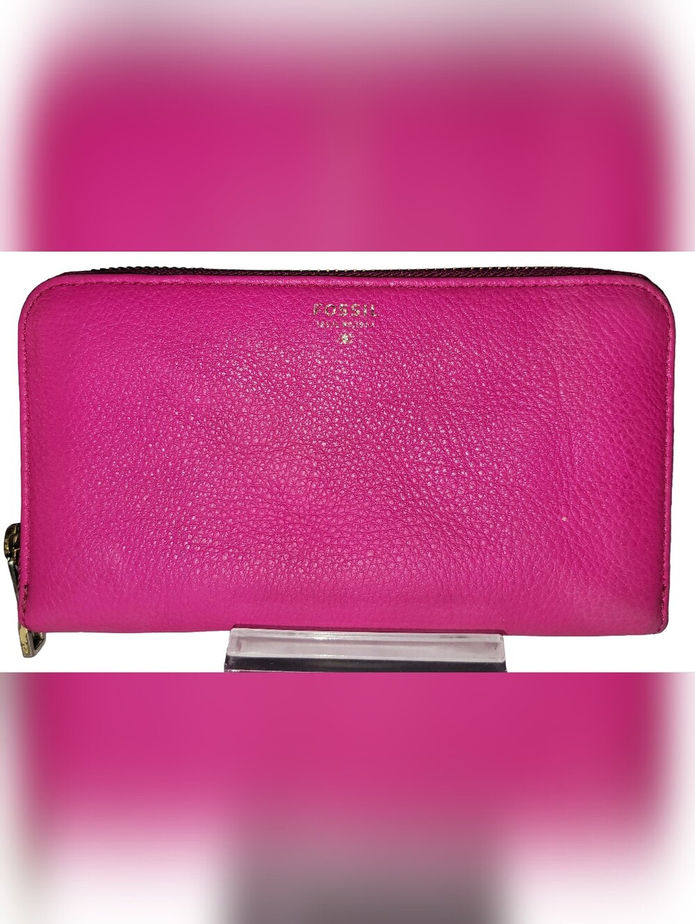 FOSSIL Fuchsia Pink Leather Zip Around Clutch Wallet .